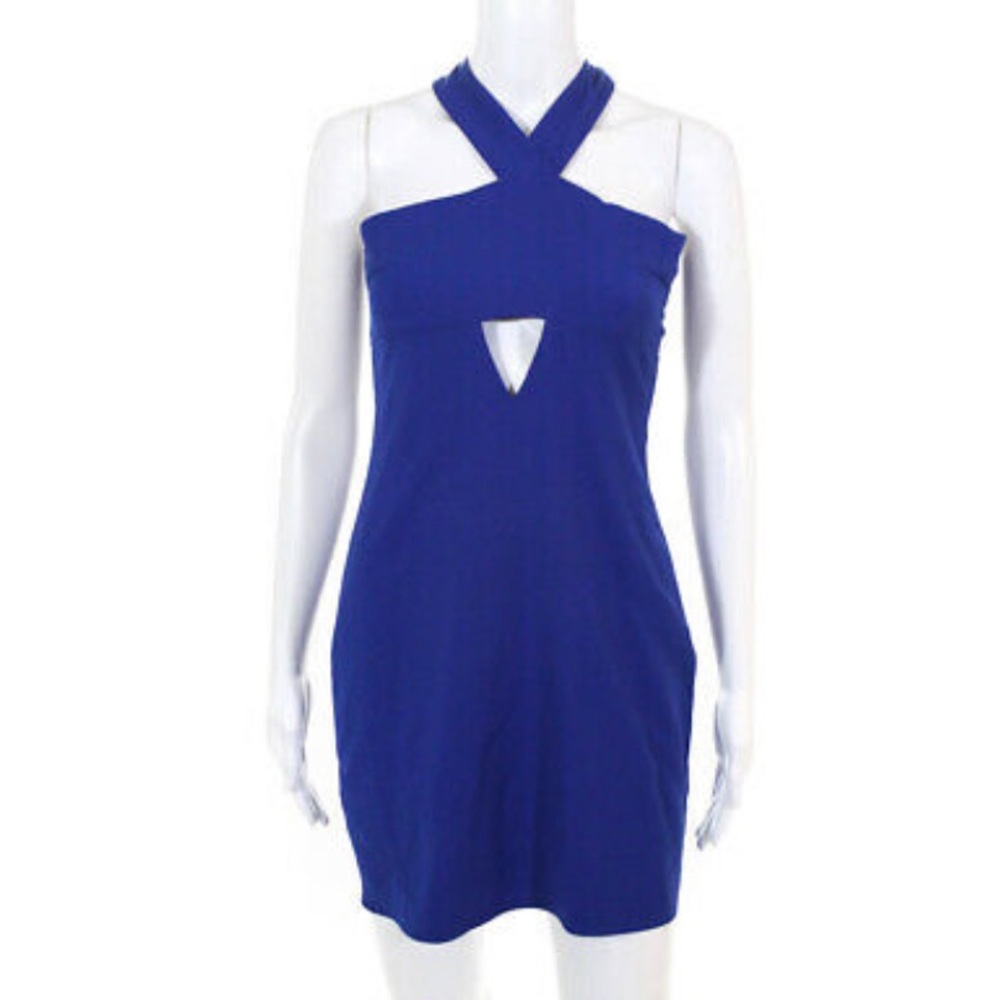 Blue Mini Dress with Criss Cross Neck and Key Hole